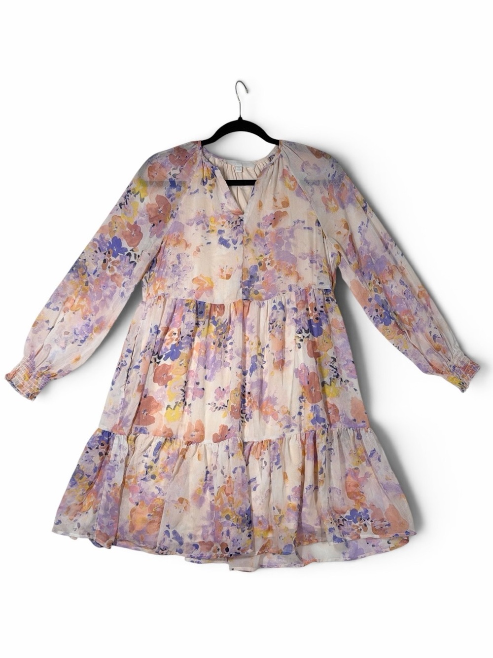 Adyson Parker Floral Chiffon Tiered Mini Dress Small Puff Sleeve Pockets